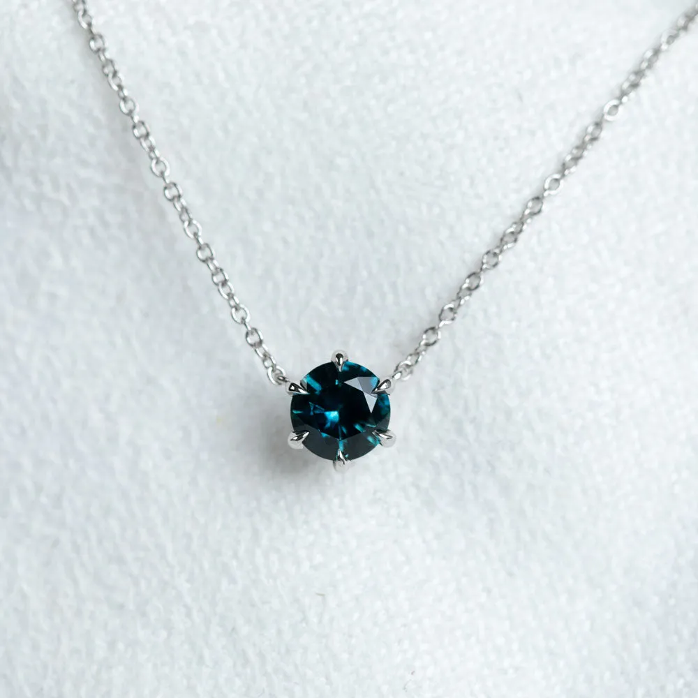 0.95ct Deep Blue Montana Sapphire Six Prong Necklace in 14k White Gold