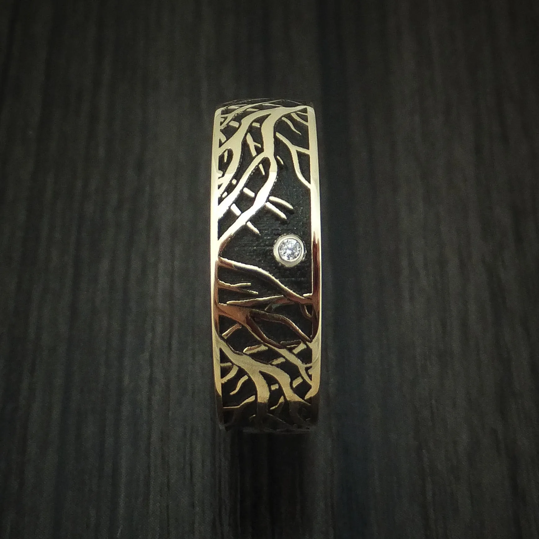 14K Yellow Gold Men's Ring with Tree Branches and Diamond Custom Made Band