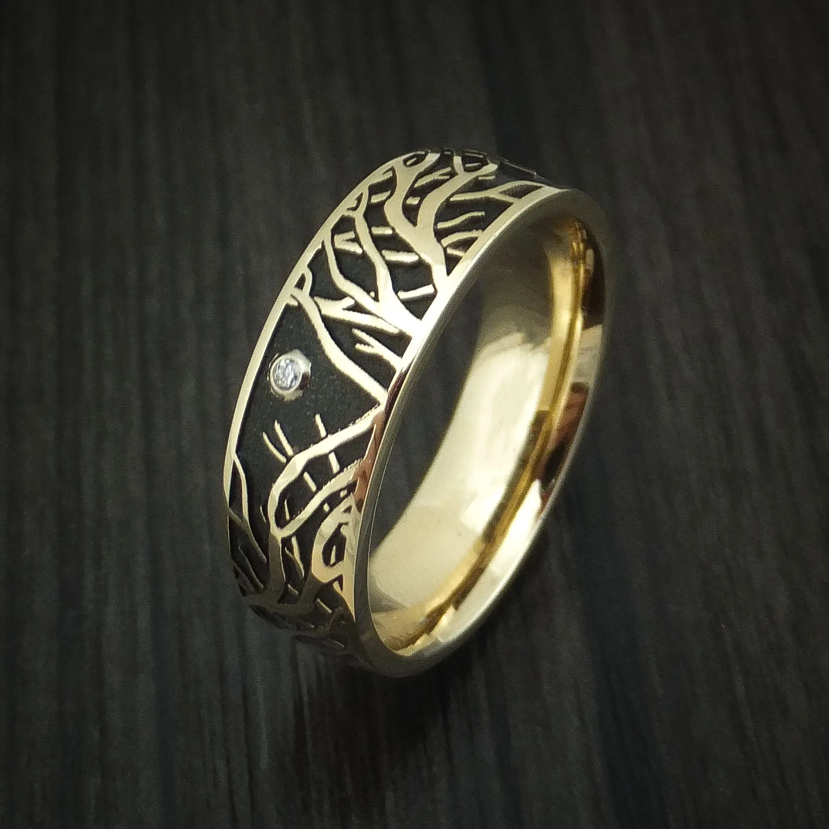 14K Yellow Gold Men's Ring with Tree Branches and Diamond Custom Made Band