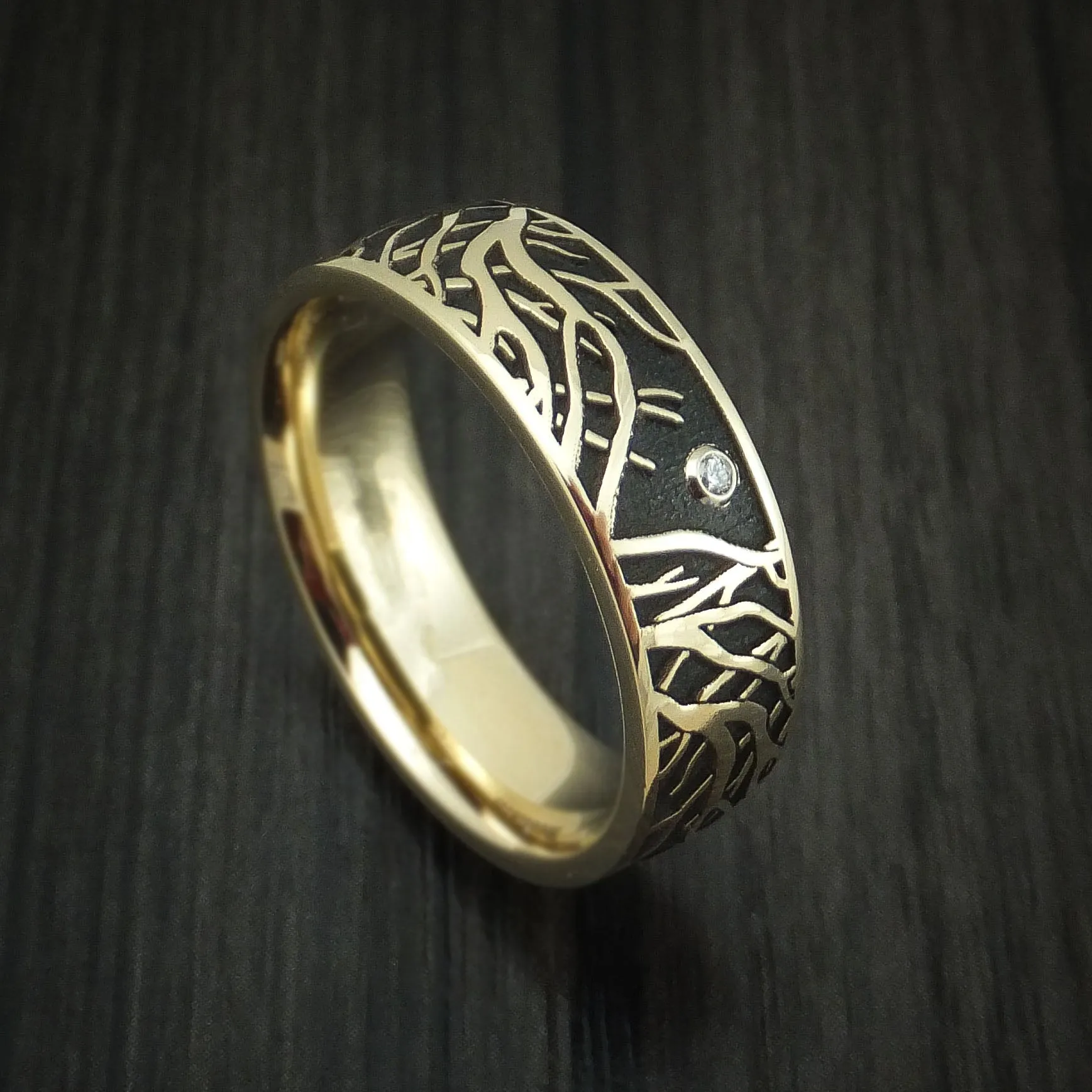 14K Yellow Gold Men's Ring with Tree Branches and Diamond Custom Made Band