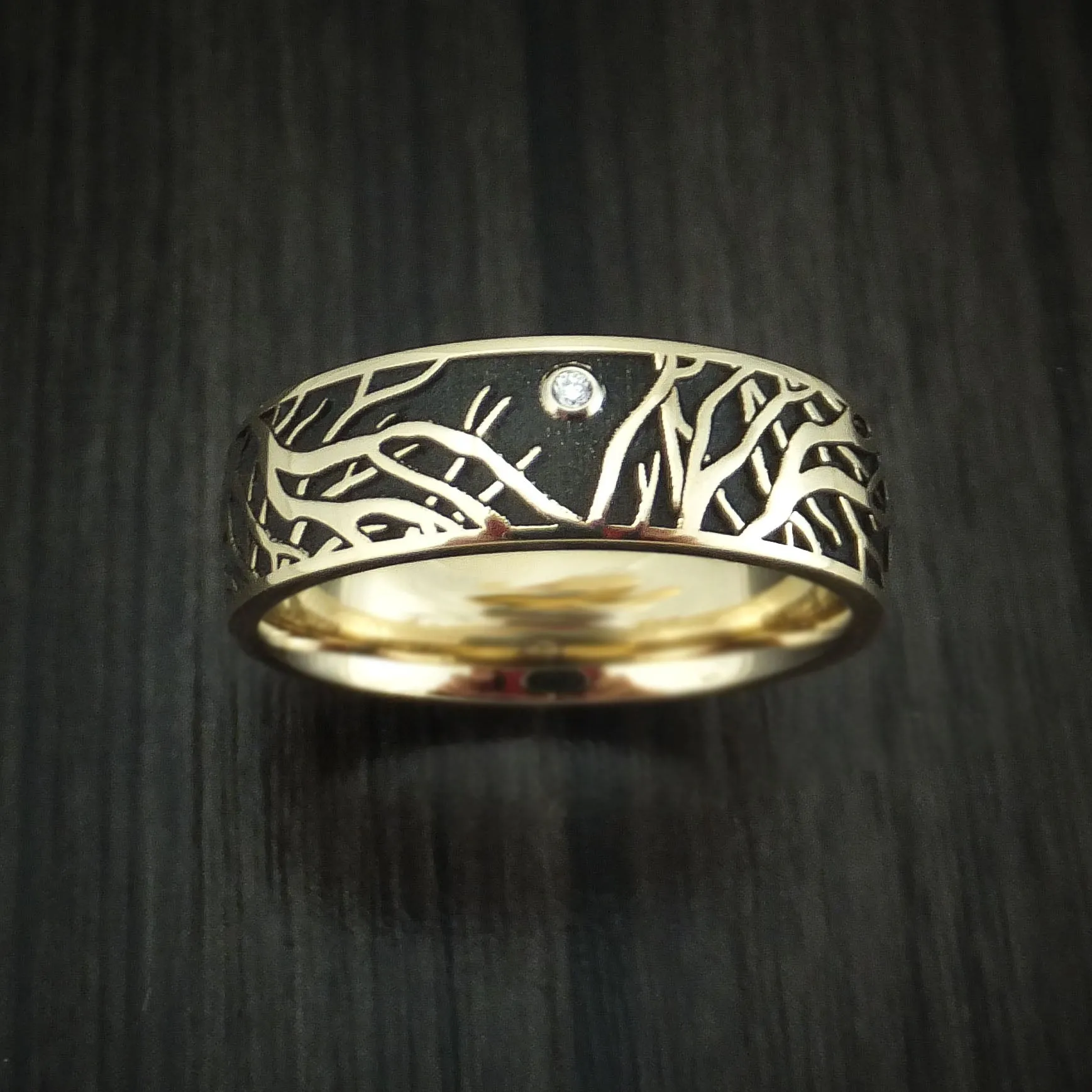 14K Yellow Gold Men's Ring with Tree Branches and Diamond Custom Made Band