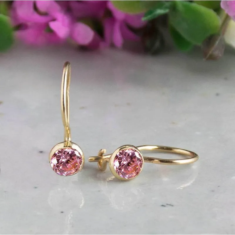 14K Yellow Gold Round Pink Cubic Zirconia 4mm Dangle Earrings