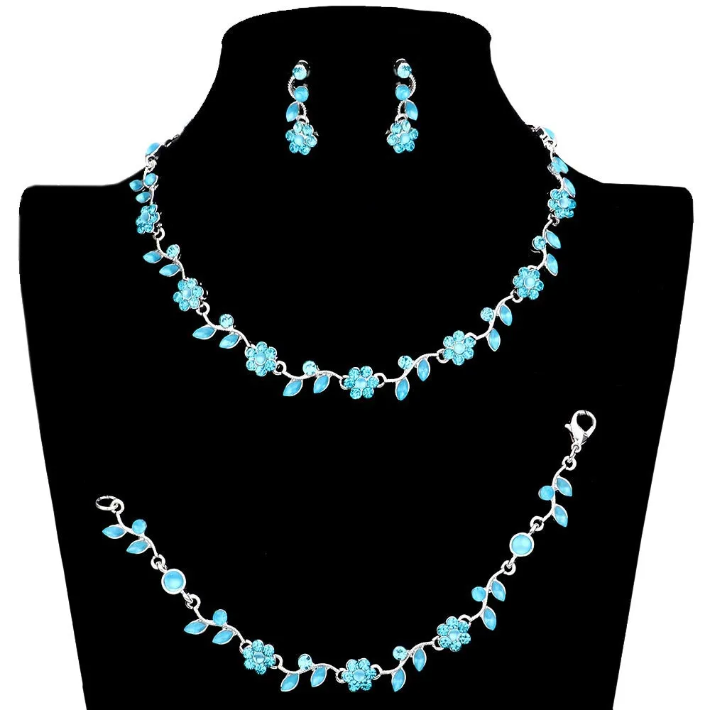 3PCS Flower Leaf Cluster Rhinestone Necklace Jewelry Set