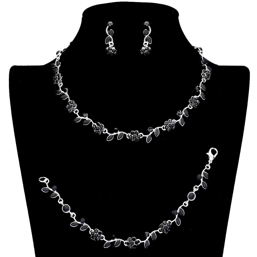 3PCS Flower Leaf Cluster Rhinestone Necklace Jewelry Set