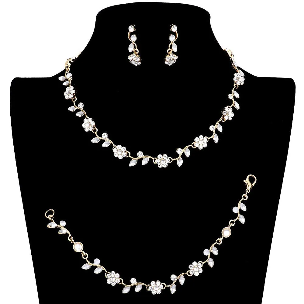 3PCS Flower Leaf Cluster Rhinestone Necklace Jewelry Set