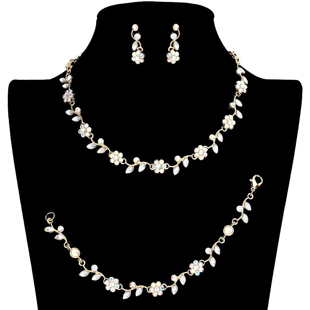 3PCS Flower Leaf Cluster Rhinestone Necklace Jewelry Set