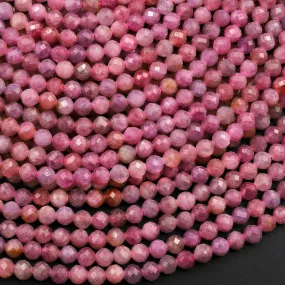 AAA Genuine Natural Pink Ruby Gemstone Faceted 3mm 4mm Round Beads 15.5" Strand