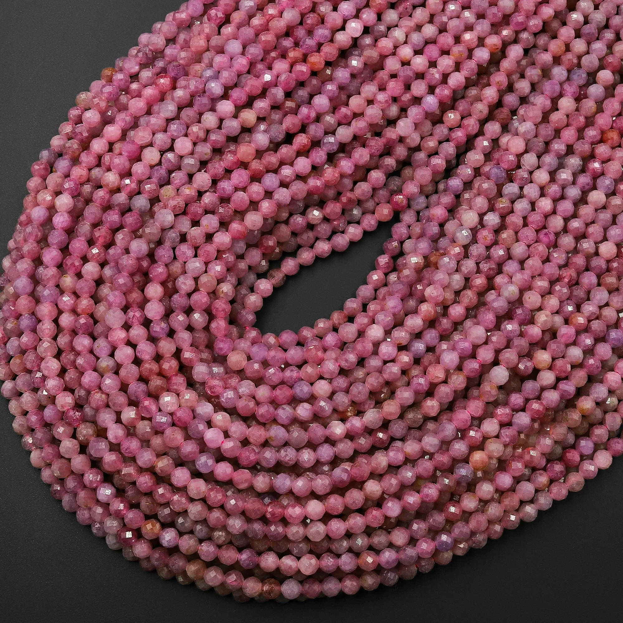 AAA Genuine Natural Pink Ruby Gemstone Faceted 3mm 4mm Round Beads 15.5" Strand