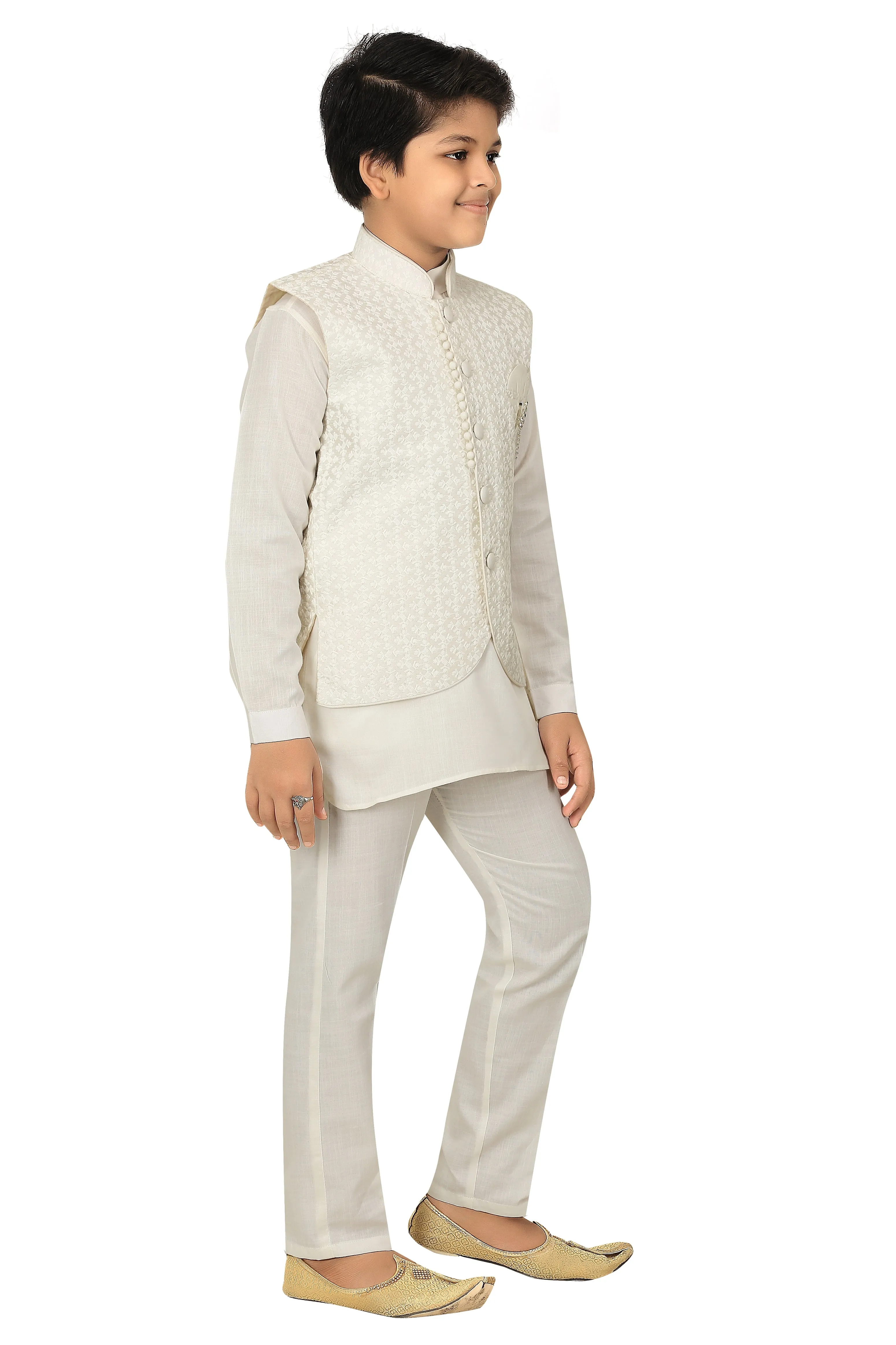 Ahhaaaa Kids Chikankari Embroidered Waistcoat Kurta and Pajama Set For Boys