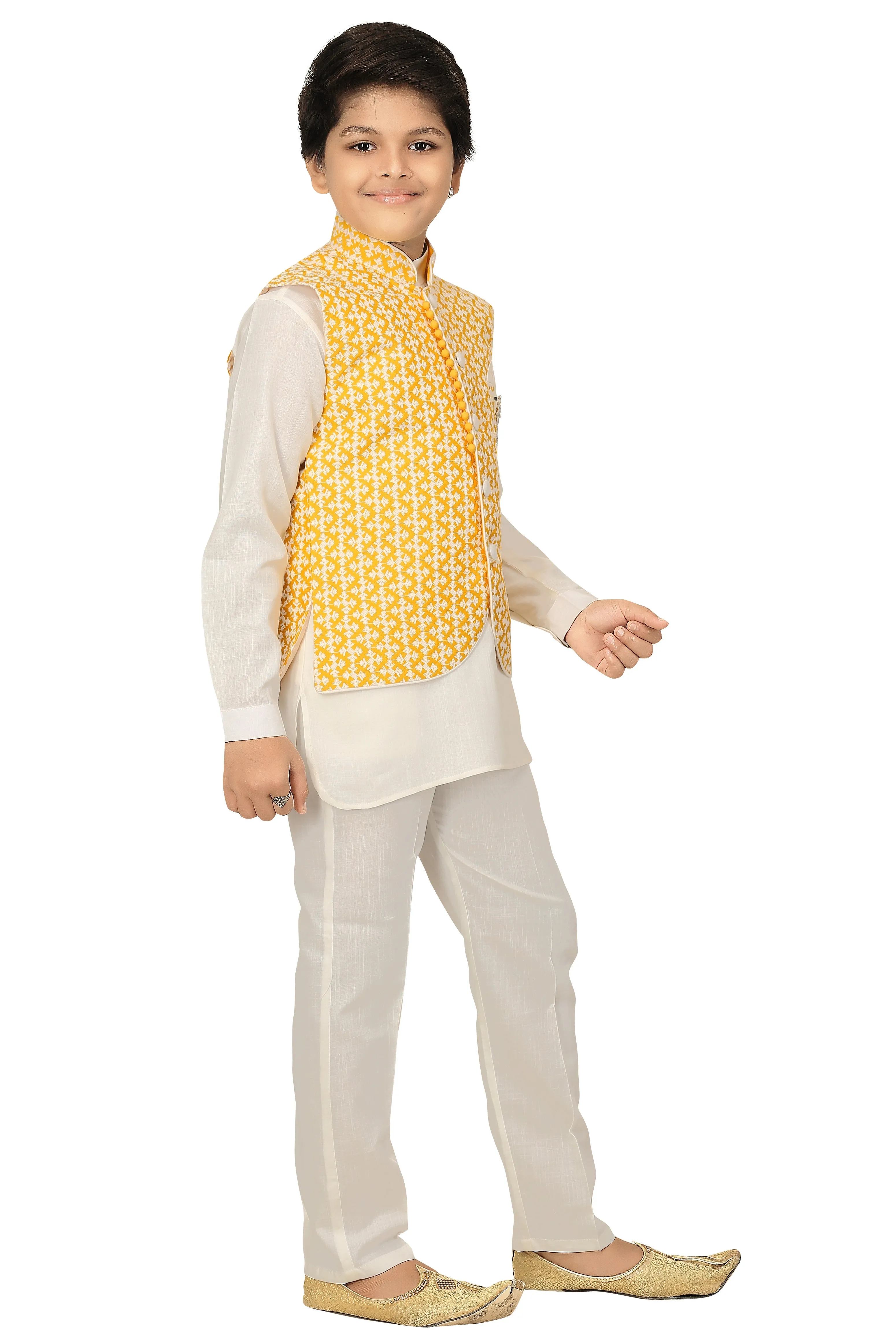 Ahhaaaa Kids Chikankari Embroidered Waistcoat Kurta and Pajama Set For Boys