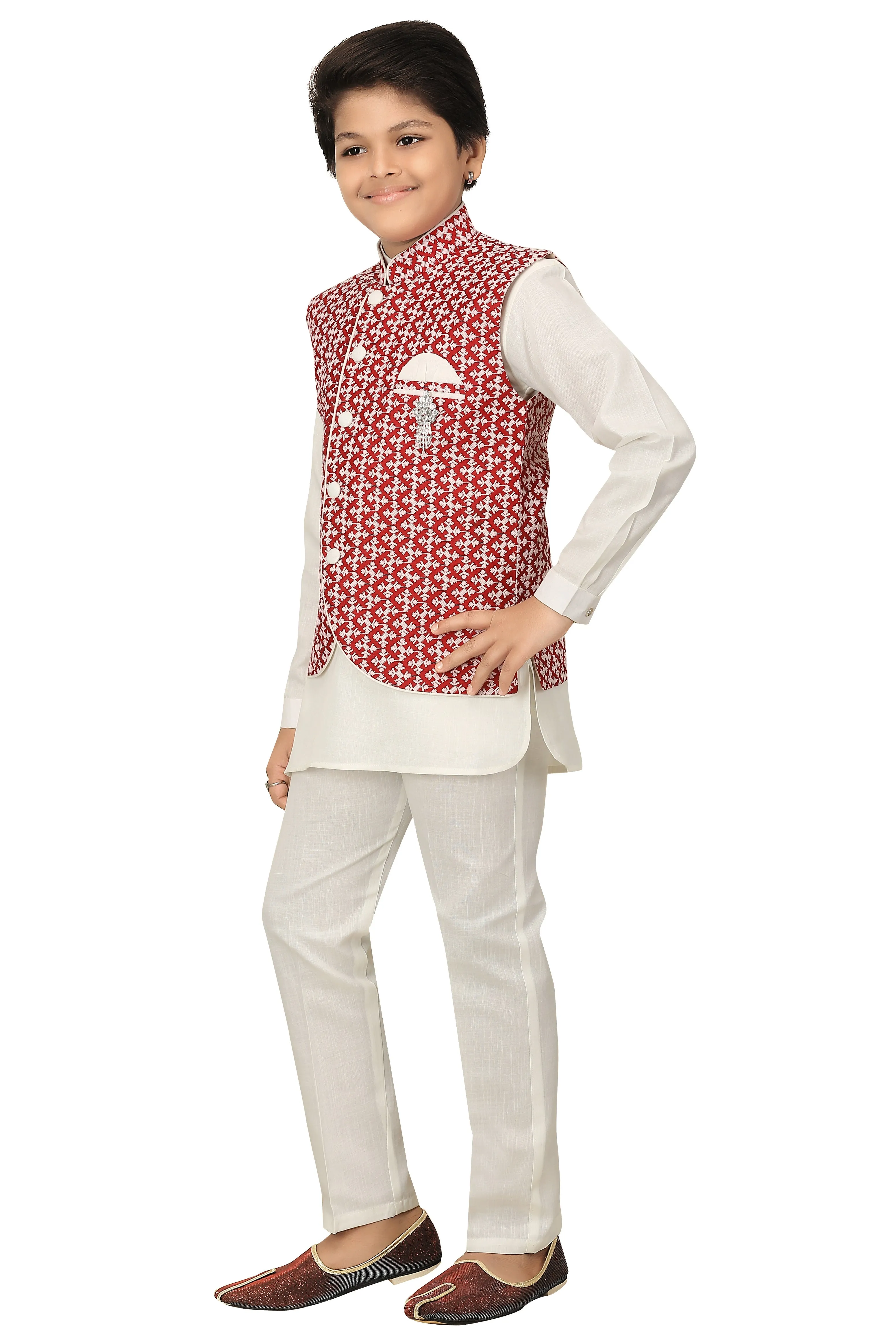 Ahhaaaa Kids Chikankari Embroidered Waistcoat Kurta and Pajama Set For Boys