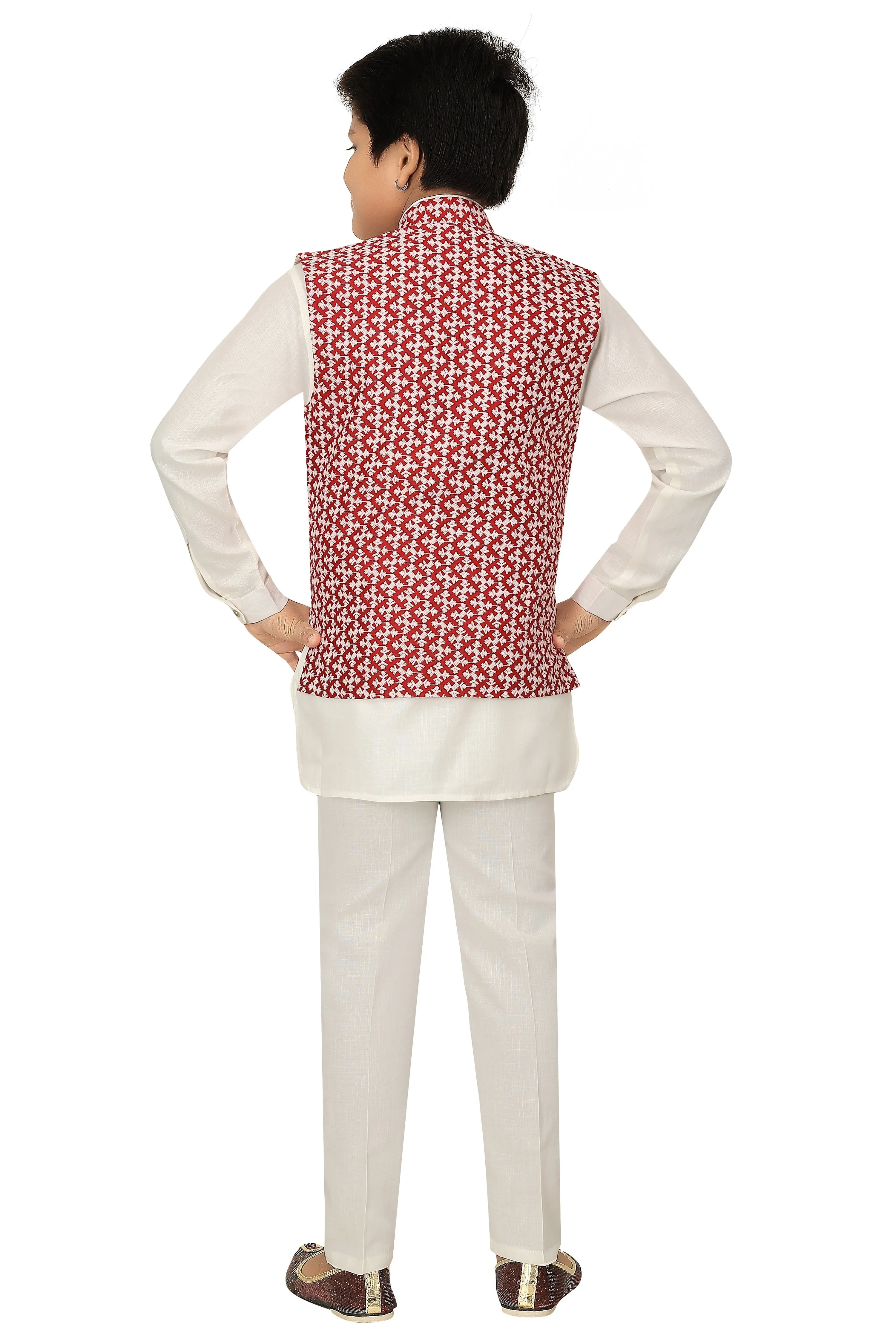 Ahhaaaa Kids Chikankari Embroidered Waistcoat Kurta and Pajama Set For Boys