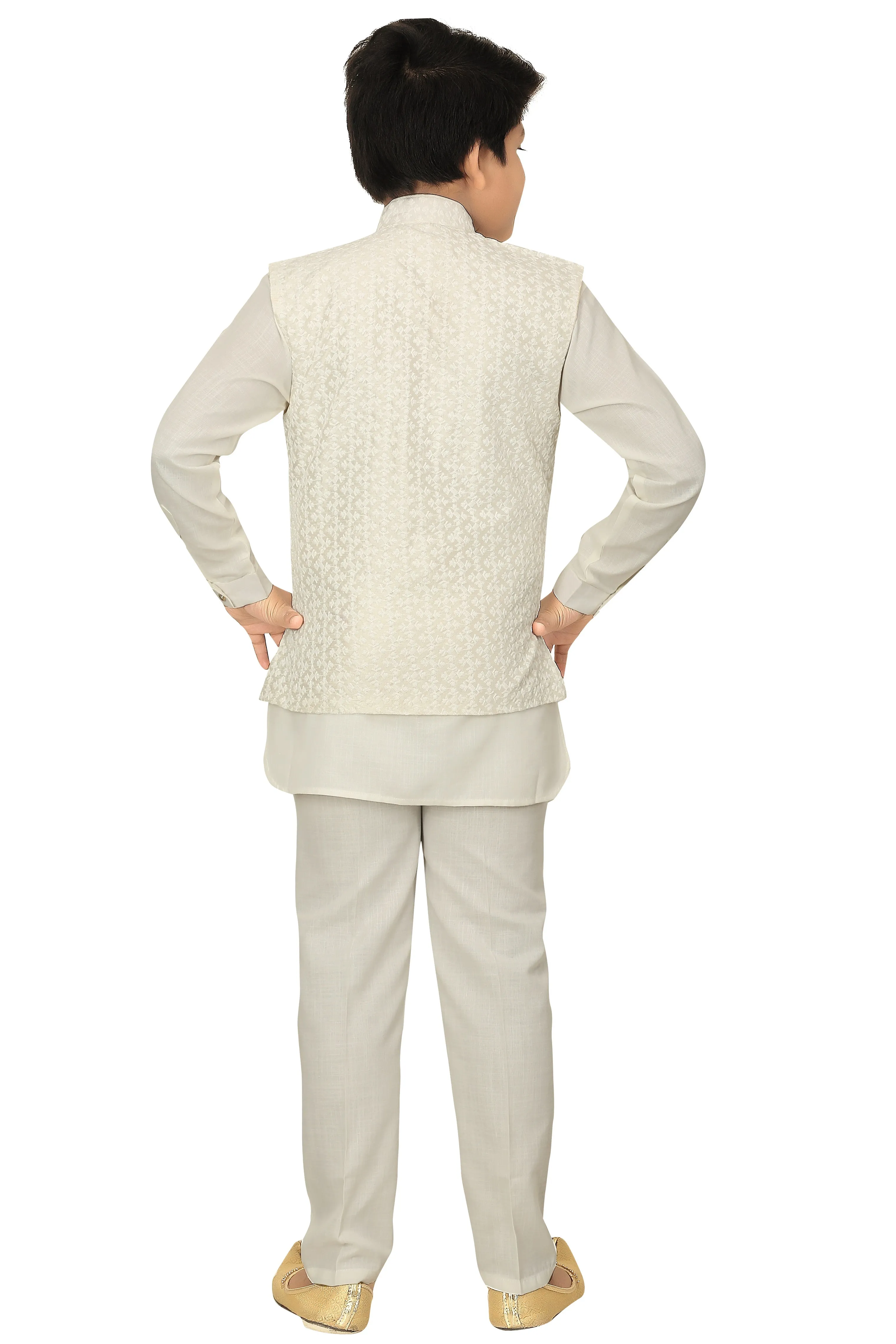 Ahhaaaa Kids Chikankari Embroidered Waistcoat Kurta and Pajama Set For Boys