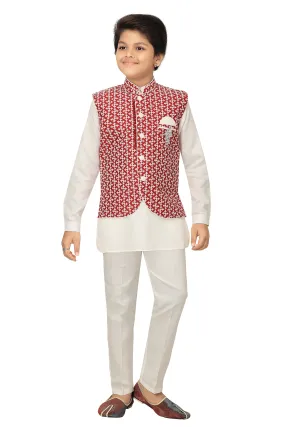 Ahhaaaa Kids Chikankari Embroidered Waistcoat Kurta and Pajama Set For Boys