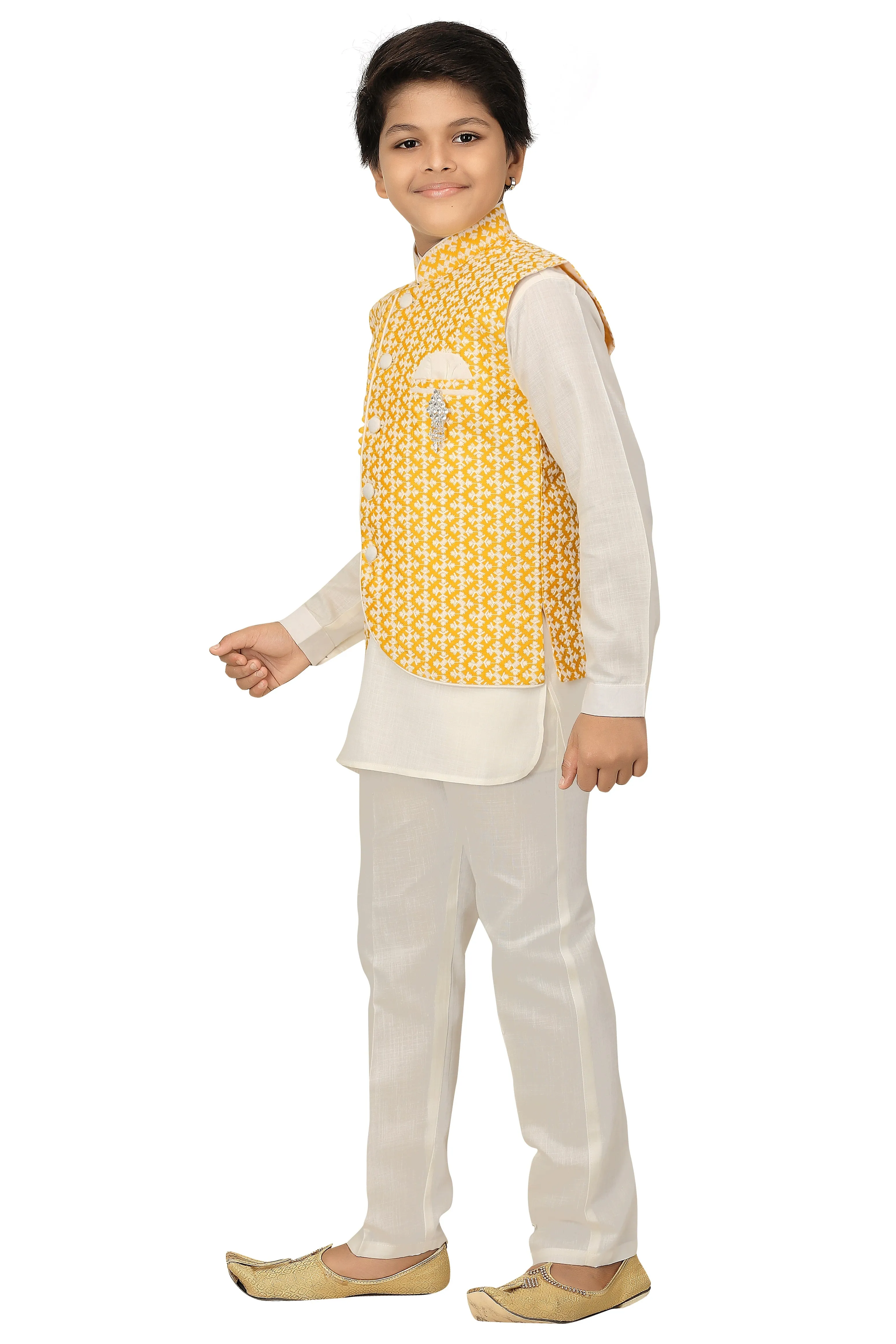 Ahhaaaa Kids Chikankari Embroidered Waistcoat Kurta and Pajama Set For Boys