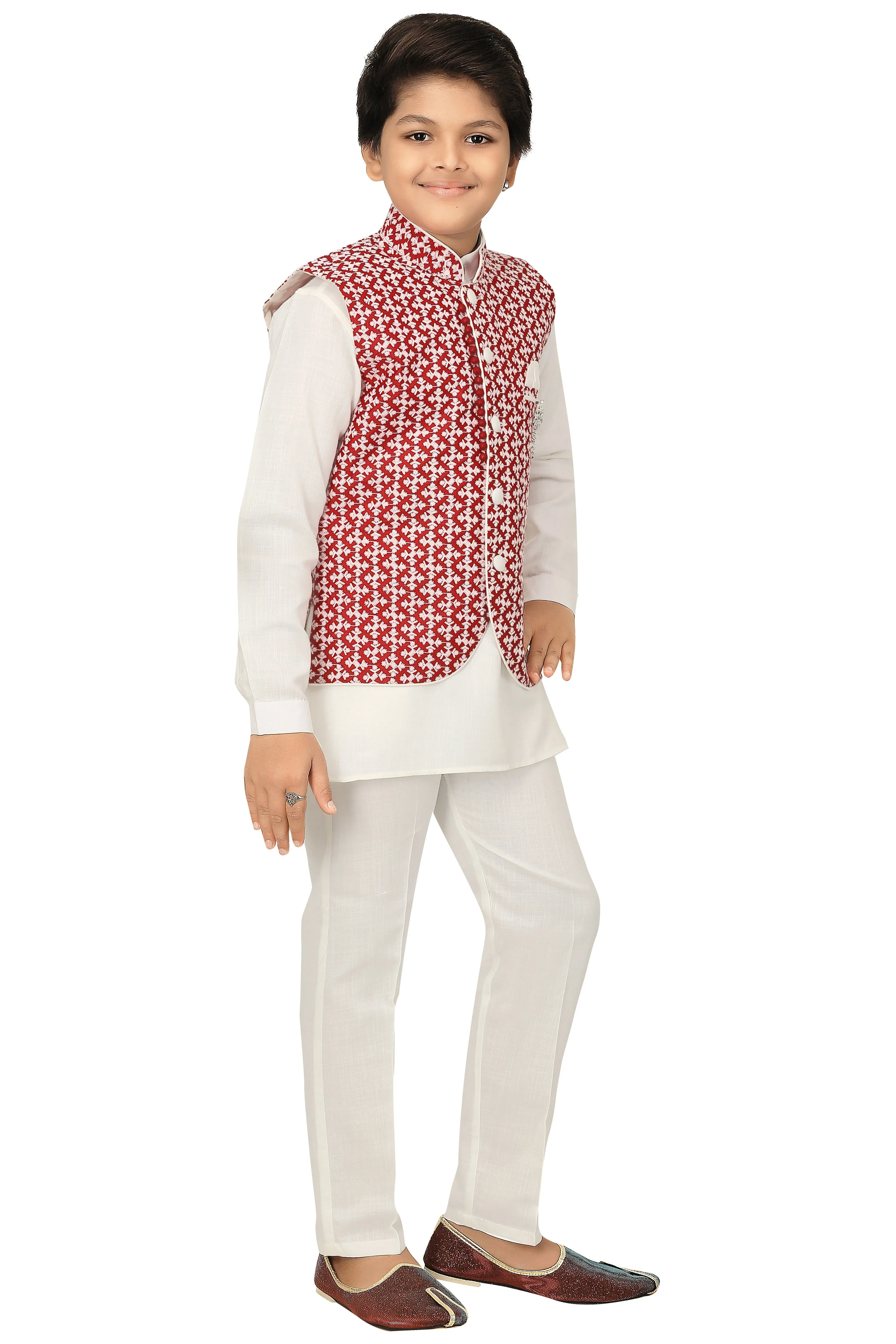 Ahhaaaa Kids Chikankari Embroidered Waistcoat Kurta and Pajama Set For Boys