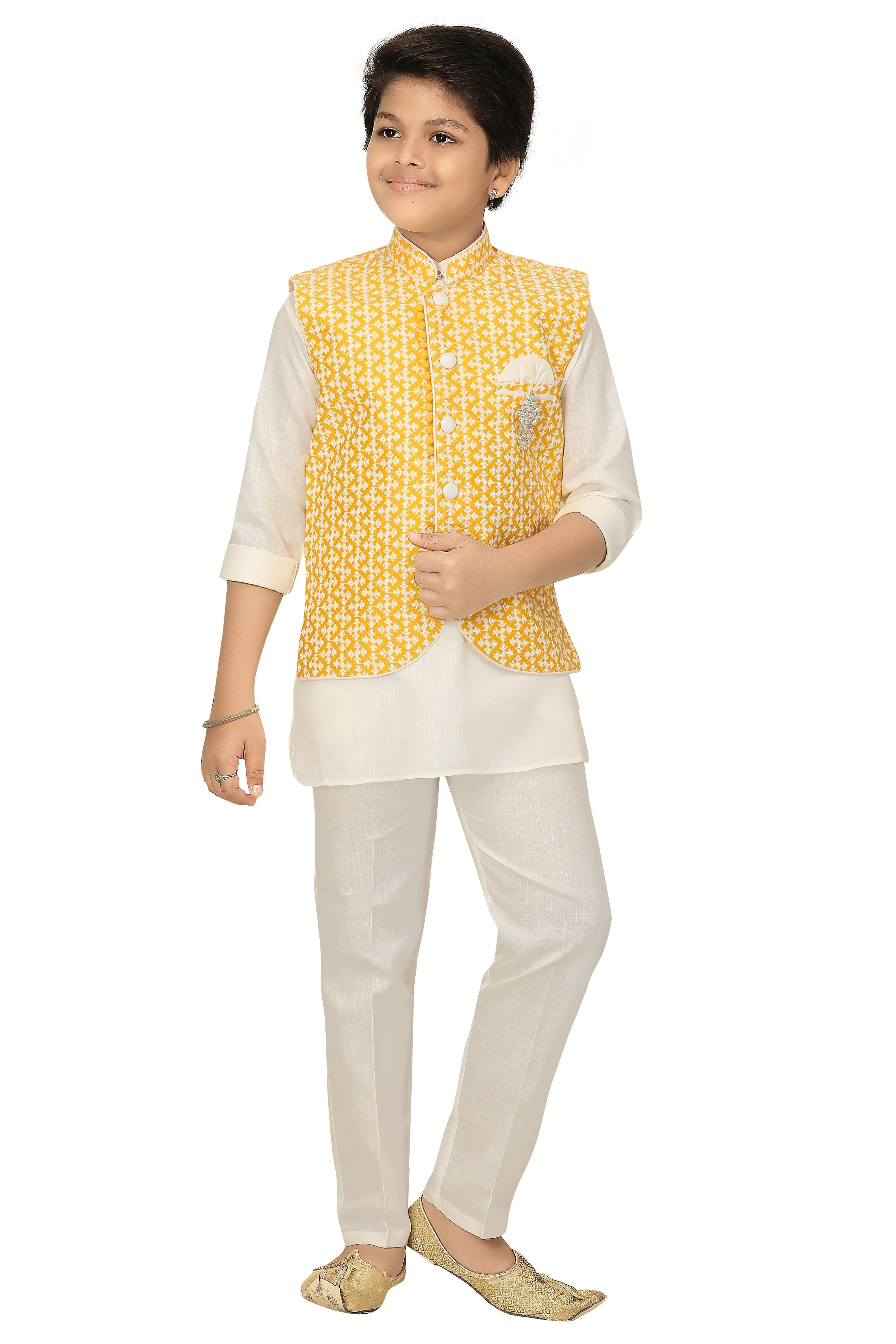 Ahhaaaa Kids Chikankari Embroidered Waistcoat Kurta and Pajama Set For Boys