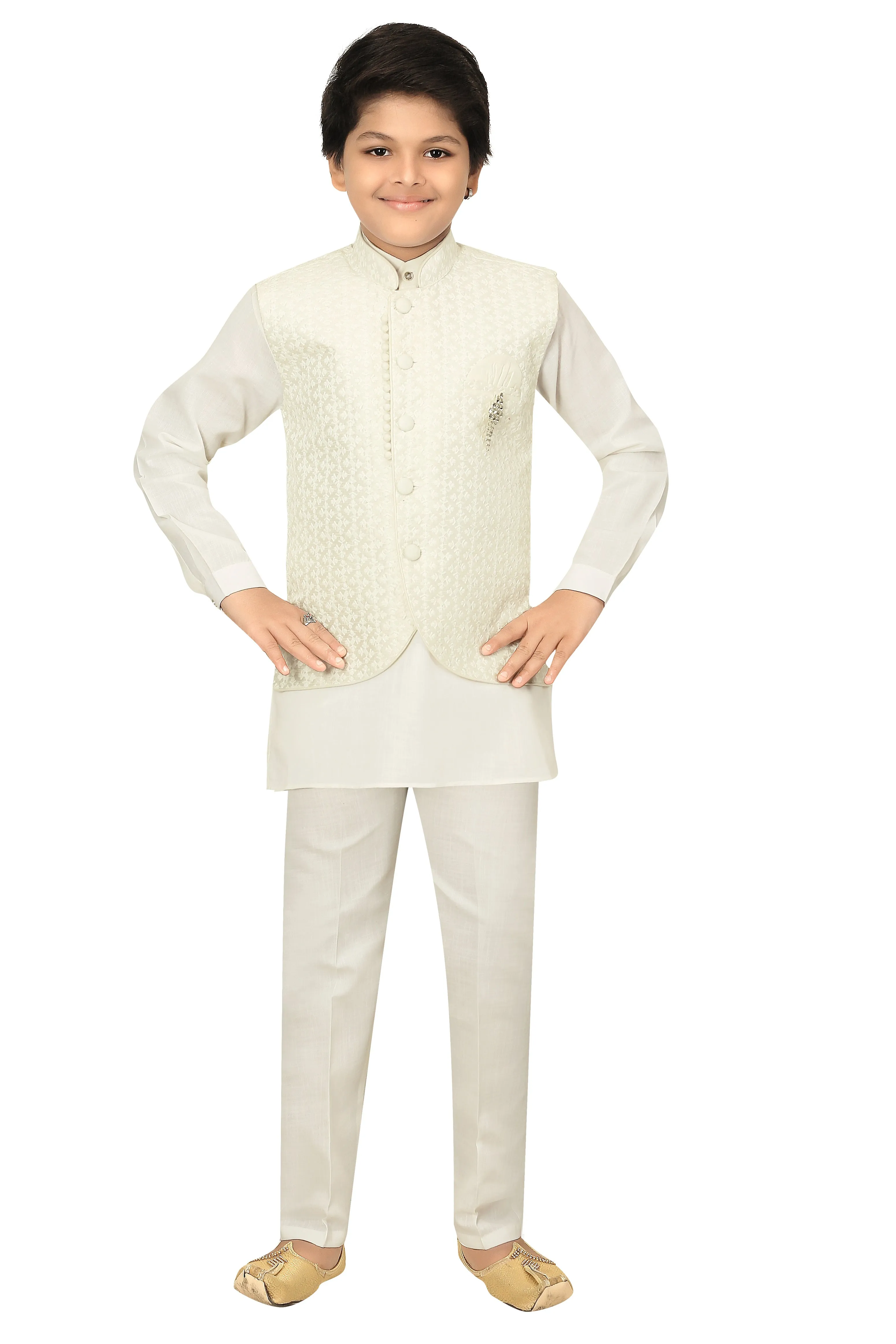 Ahhaaaa Kids Chikankari Embroidered Waistcoat Kurta and Pajama Set For Boys