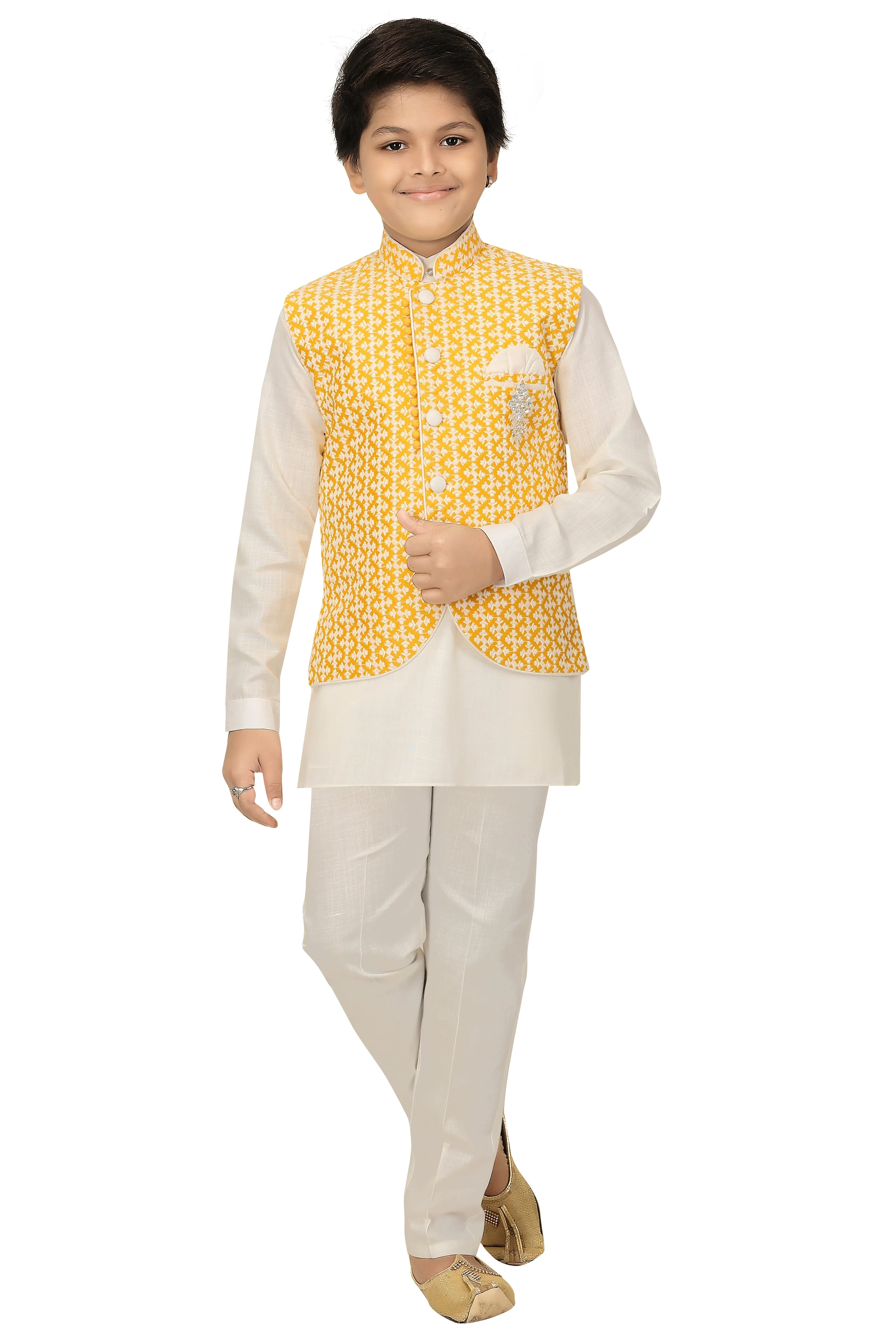 Ahhaaaa Kids Chikankari Embroidered Waistcoat Kurta and Pajama Set For Boys