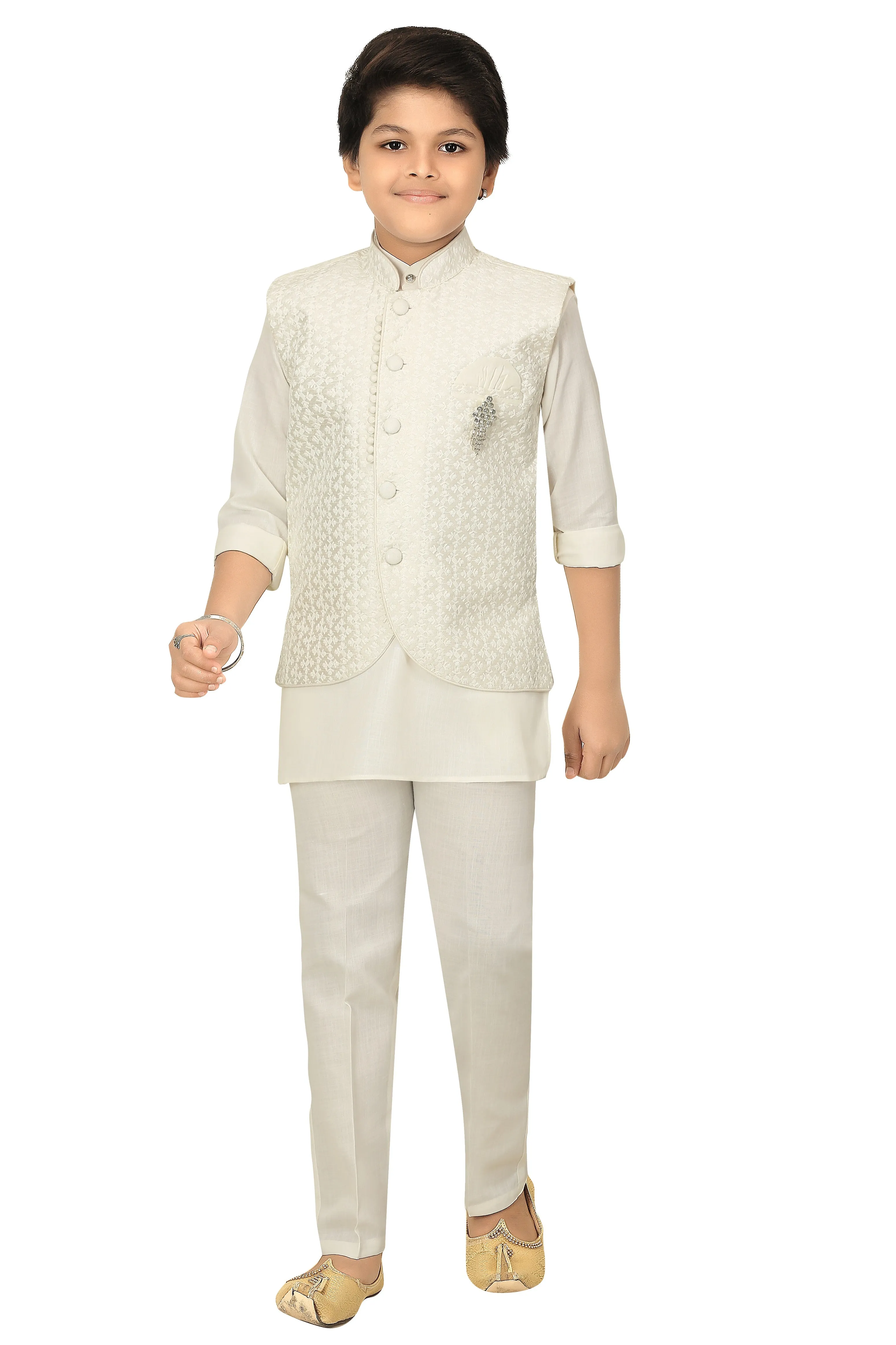 Ahhaaaa Kids Chikankari Embroidered Waistcoat Kurta and Pajama Set For Boys