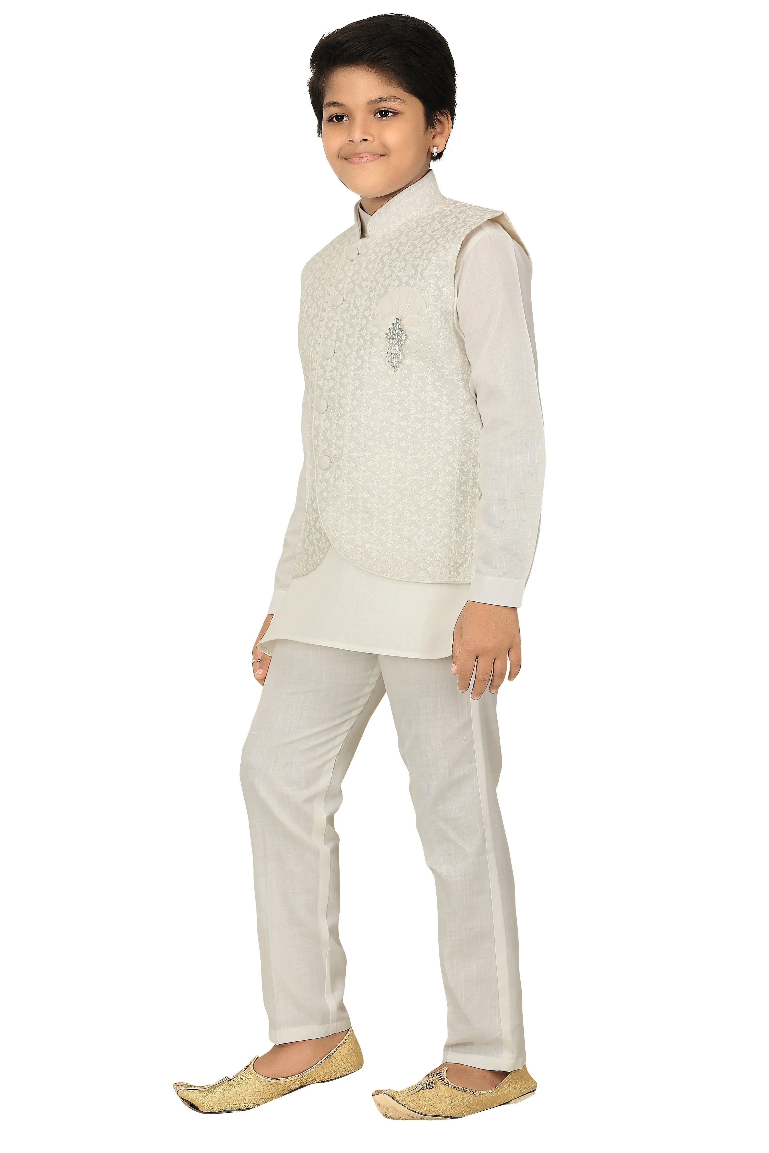 Ahhaaaa Kids Chikankari Embroidered Waistcoat Kurta and Pajama Set For Boys