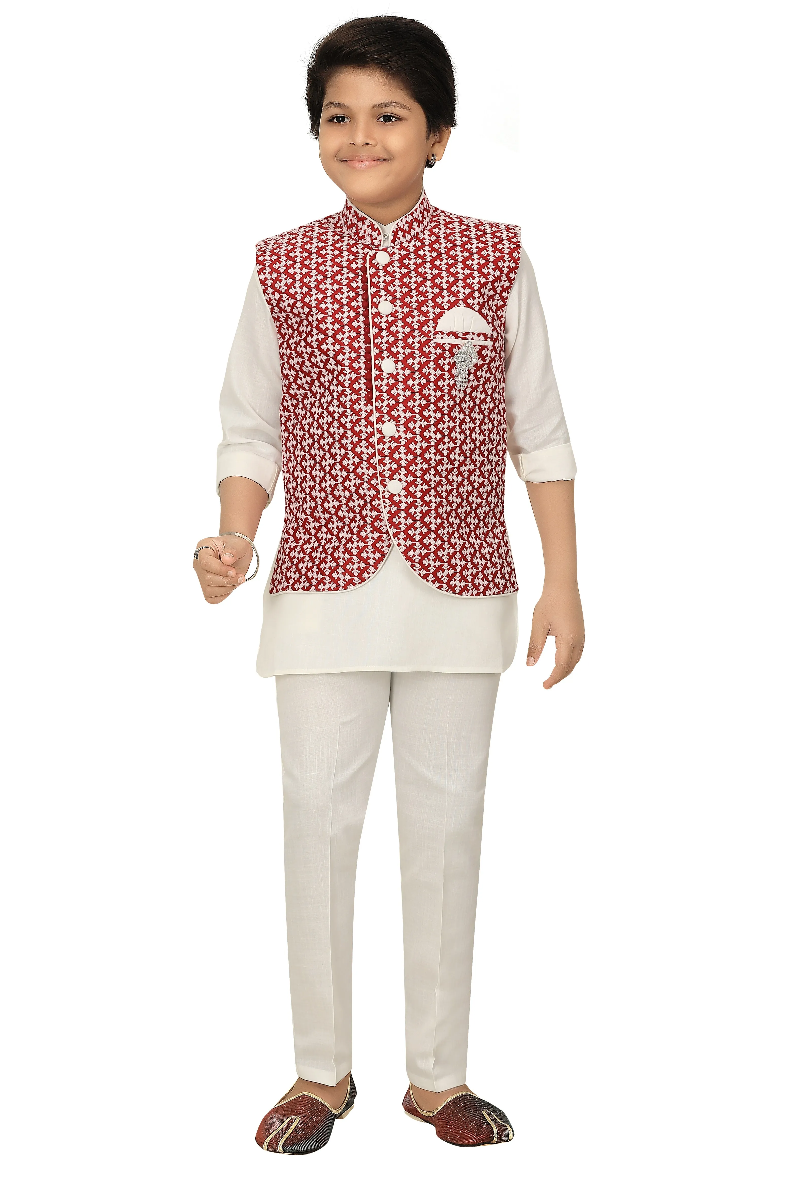 Ahhaaaa Kids Chikankari Embroidered Waistcoat Kurta and Pajama Set For Boys