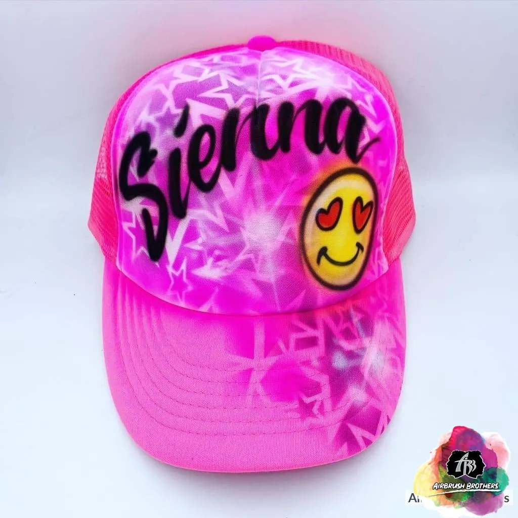 Airbrush Emoji With Heart Eyes And Name Hat Design