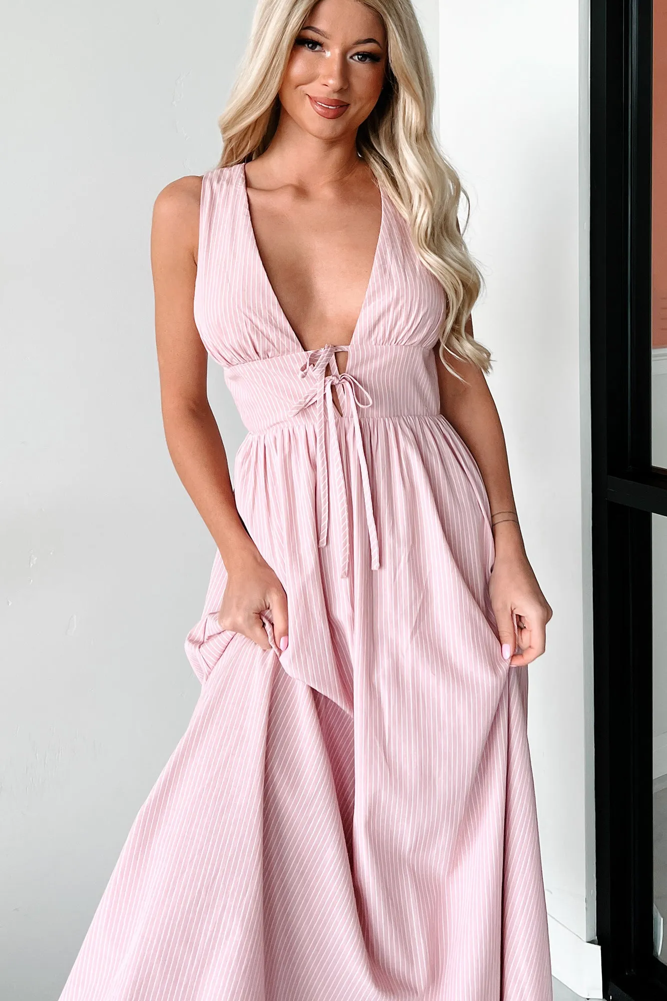 Always Charismatic Pinstripe Midi Dress (Pink/White Stripe)