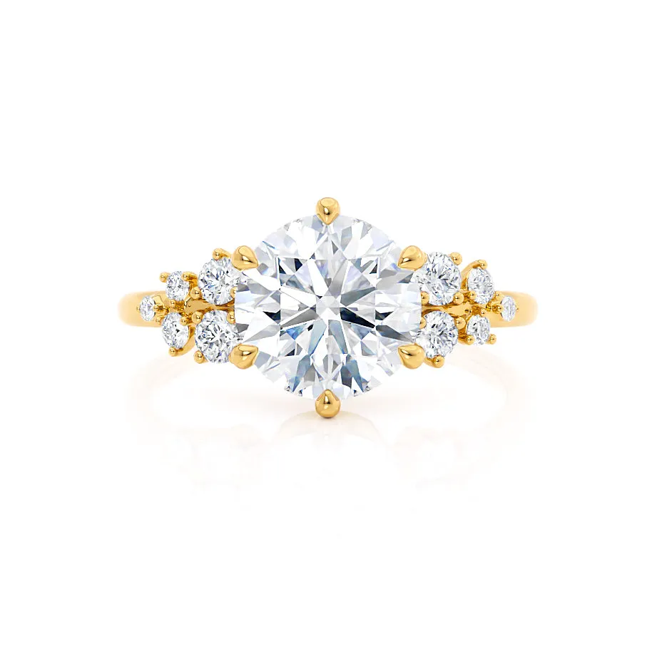 ALYA - Round Moissanite Starburst Cluster Shoulder Set Engagement Ring 18k Yellow Gold