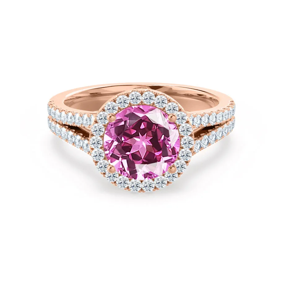 AMELIA - Chatham® Lab Grown Pink Sapphire & Diamond 18k Rose Gold Halo Ring