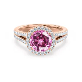 AMELIA - Chatham® Lab Grown Pink Sapphire & Diamond 18k Rose Gold Halo Ring