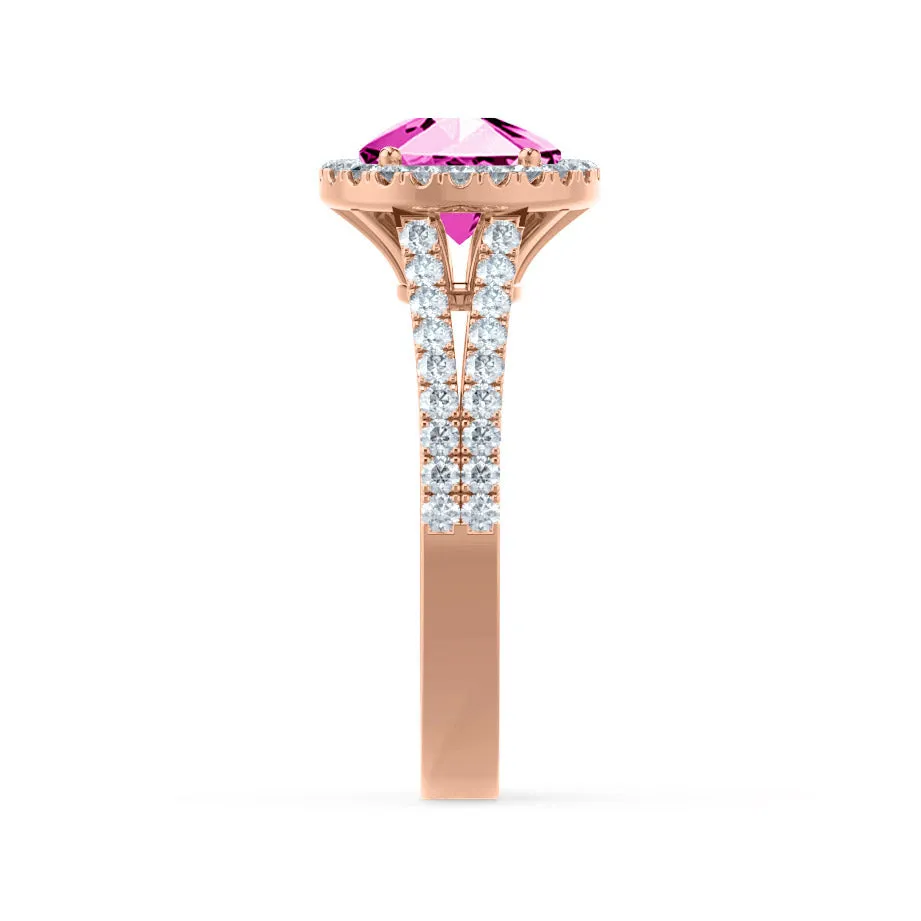 AMELIA - Chatham® Lab Grown Pink Sapphire & Diamond 18k Rose Gold Halo Ring