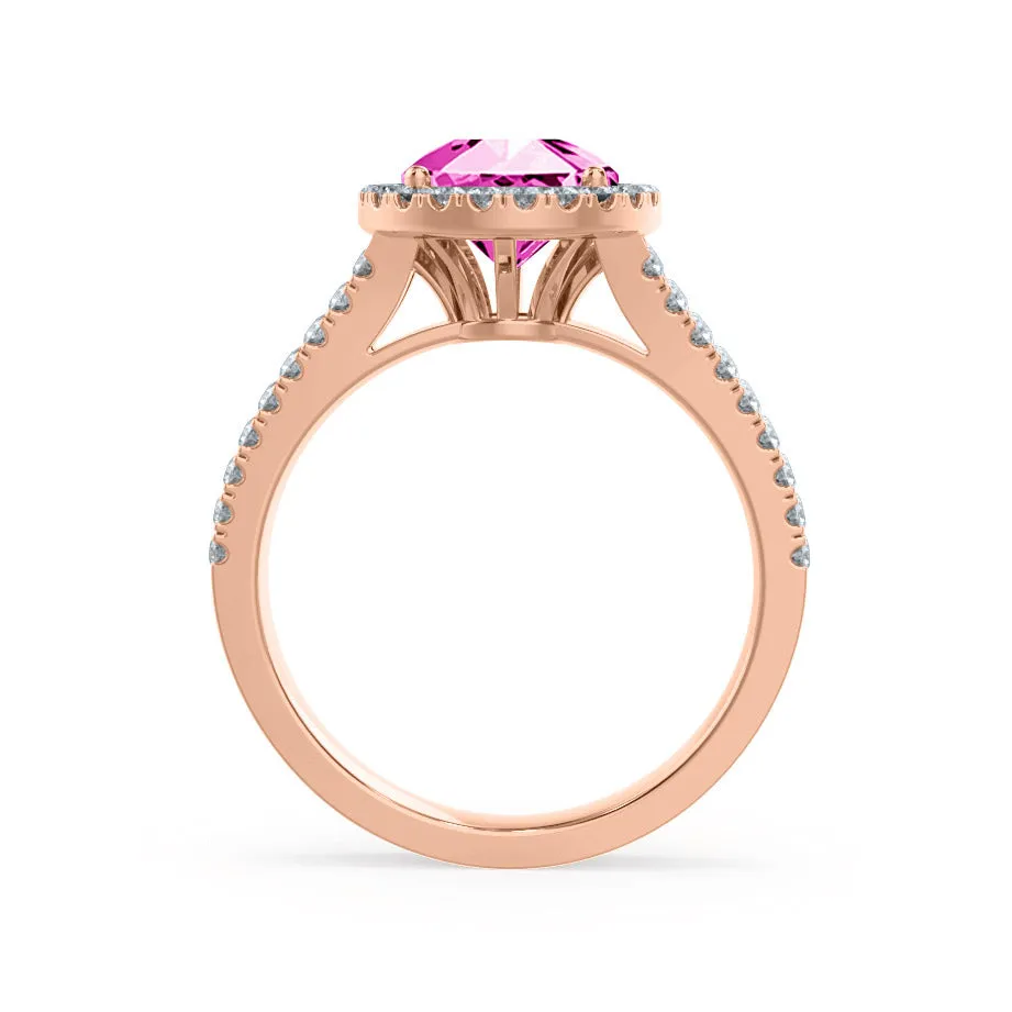 AMELIA - Chatham® Lab Grown Pink Sapphire & Diamond 18k Rose Gold Halo Ring