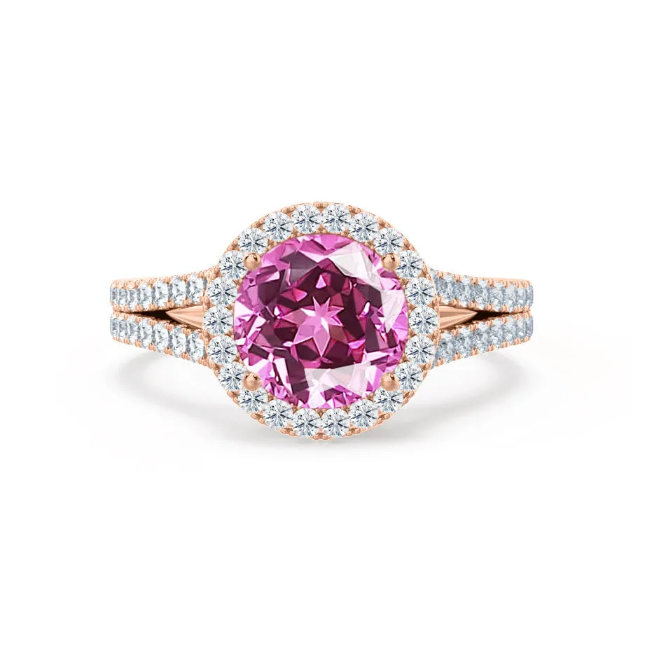 AMELIA - Chatham® Lab Grown Pink Sapphire & Diamond 18k Rose Gold Halo Ring