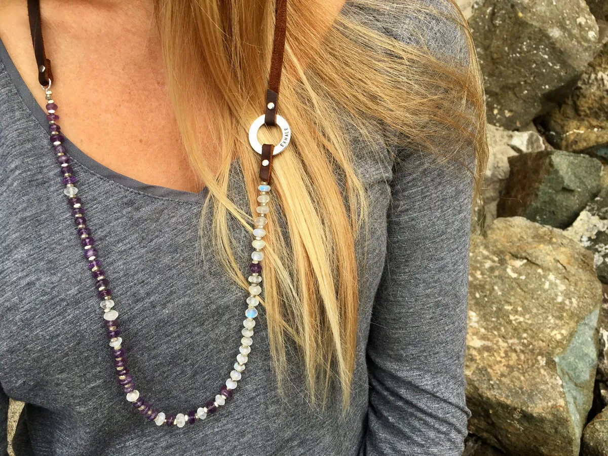 Amethyst & Moonstone Serenity Necklace for New Beginnings with Inhale - Exhale Reminder