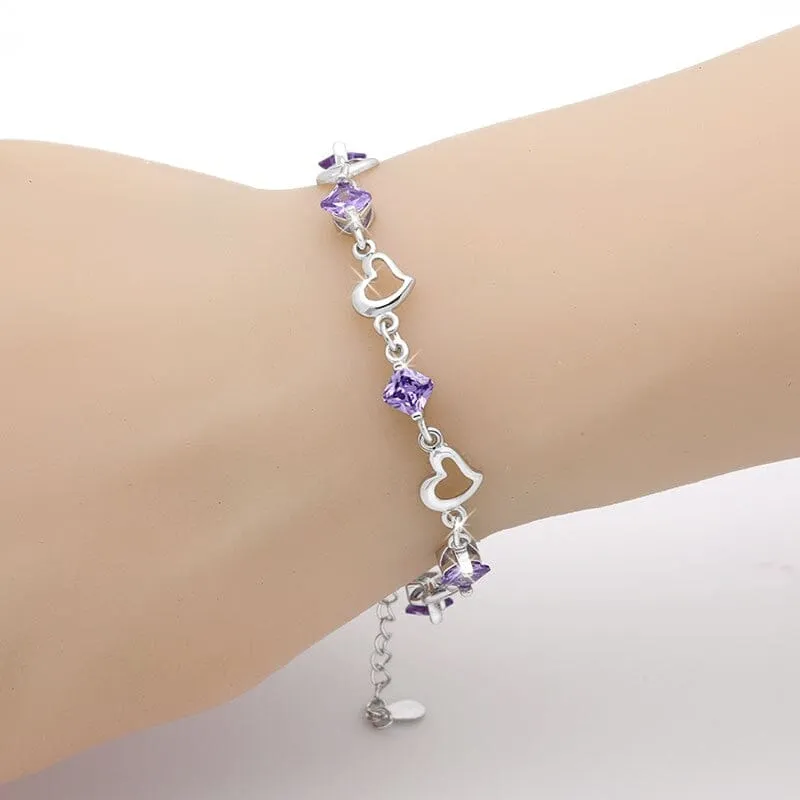 Amethyst Crystal Heart Bracelet - 925 Sterling Silver