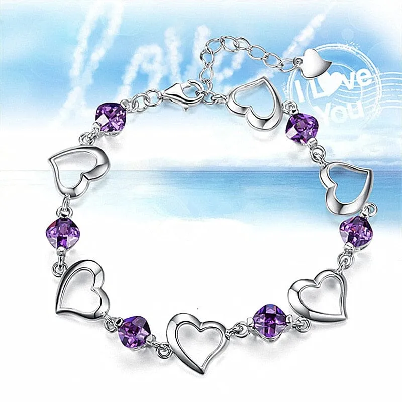 Amethyst Crystal Heart Bracelet - 925 Sterling Silver