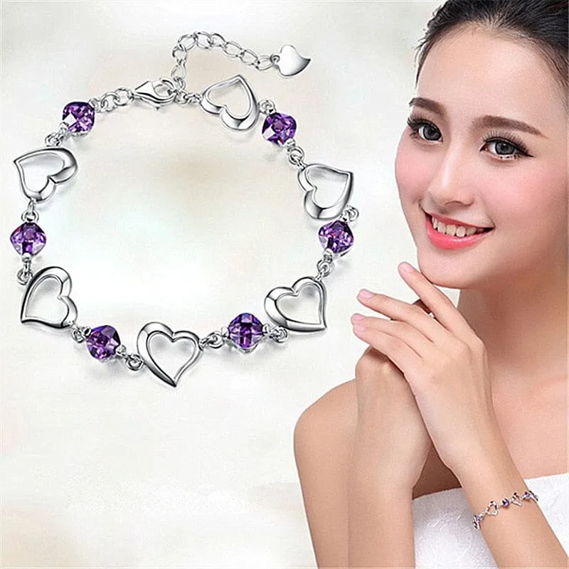 Amethyst Crystal Heart Bracelet - 925 Sterling Silver