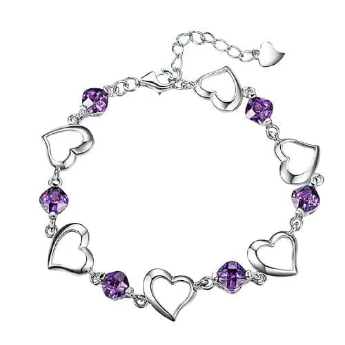 Amethyst Crystal Heart Bracelet - 925 Sterling Silver