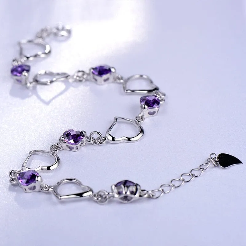 Amethyst Crystal Heart Bracelet - 925 Sterling Silver