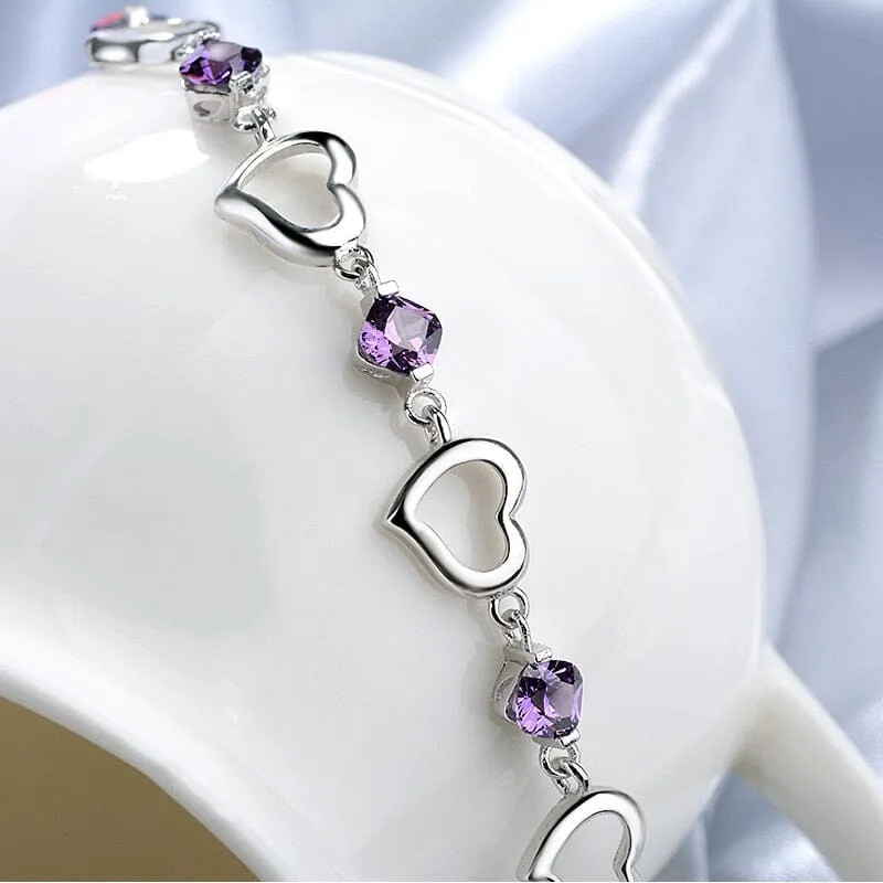 Amethyst Crystal Heart Bracelet - 925 Sterling Silver