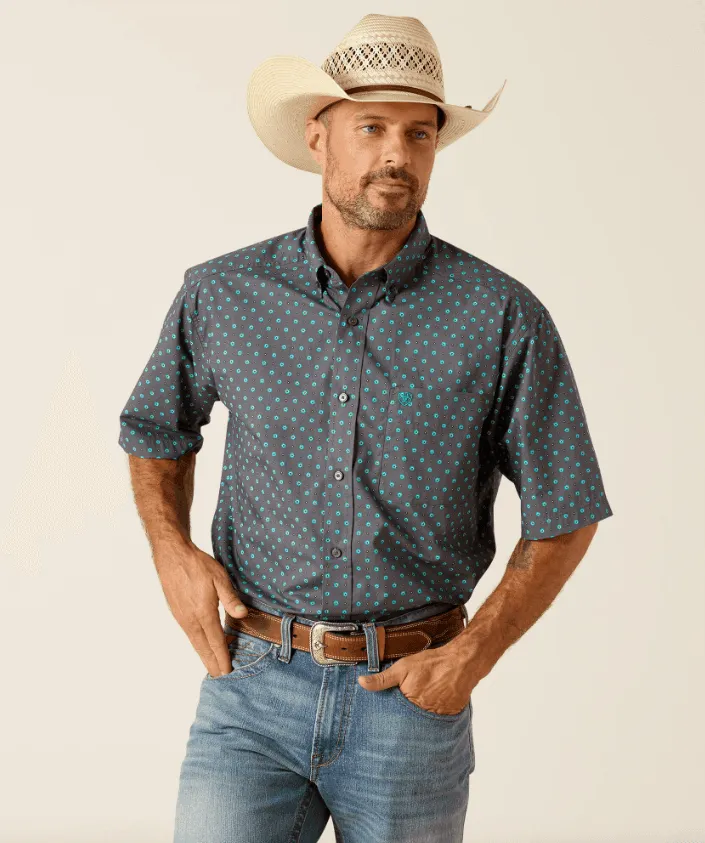 Ariat Men's Johnnie Grey & Turquoise Classic Fit Short Sleeve Western Shirt 10051528