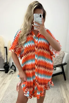 Ariya Orange Zig Zag Print Plisse Pleated Frill Hem Shirt Dress