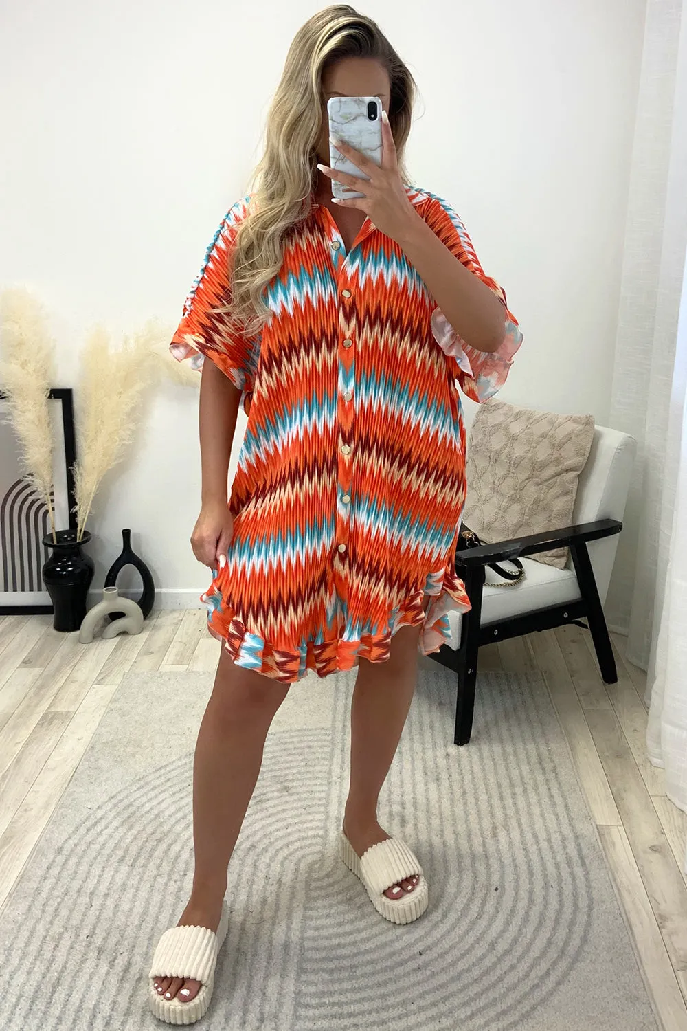 Ariya Orange Zig Zag Print Plisse Pleated Frill Hem Shirt Dress