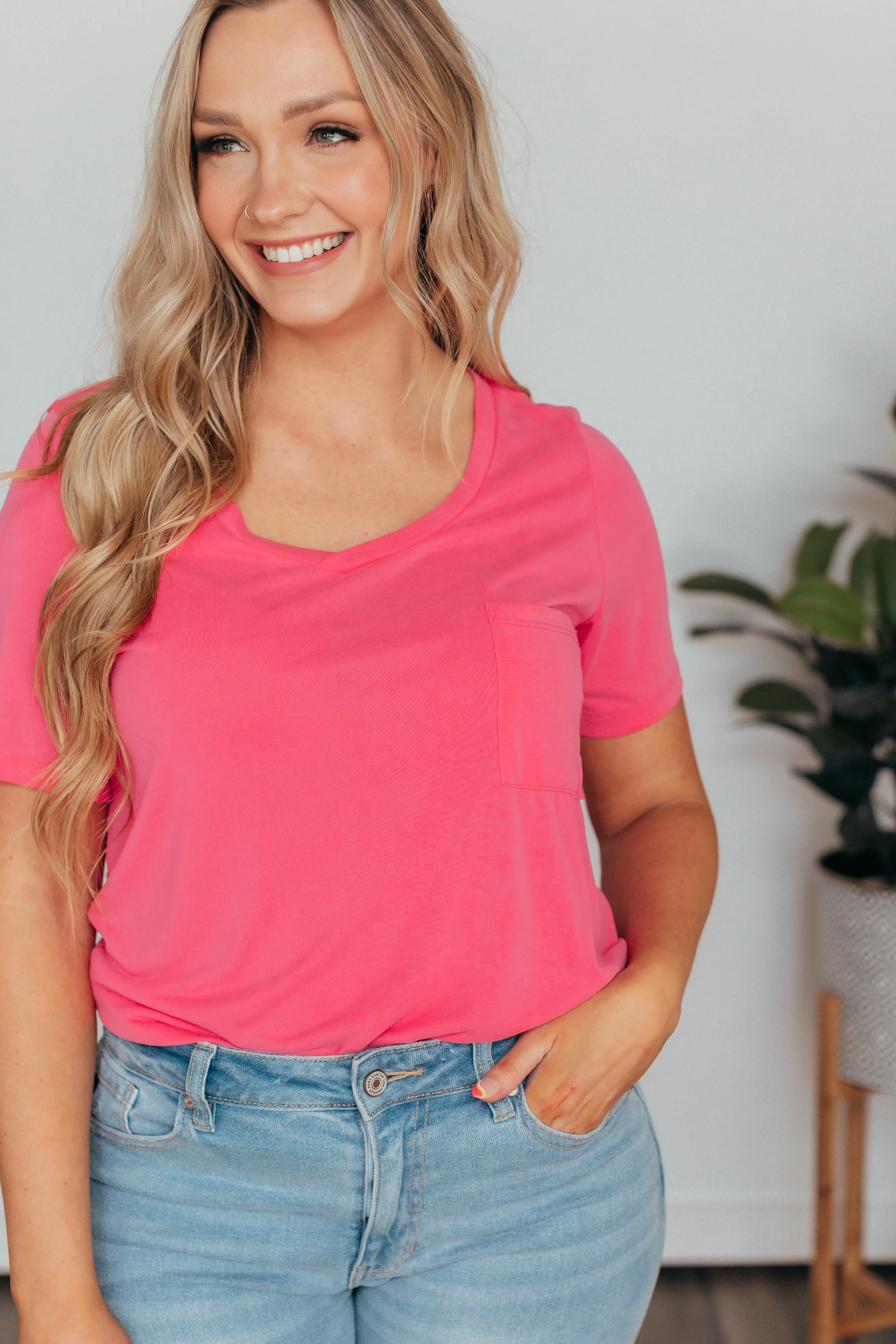 Basic V Neck Pocket Top - 7 Colors