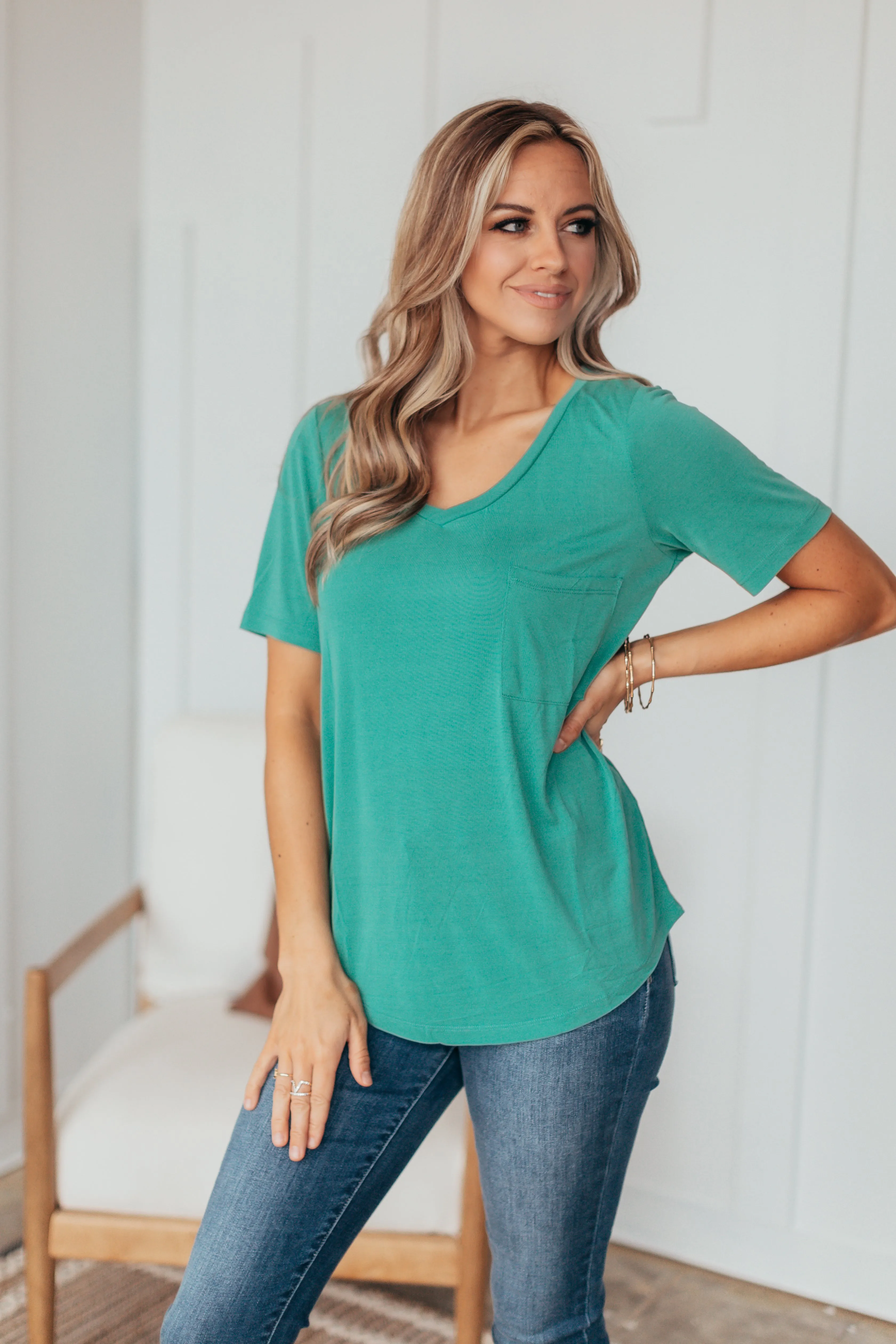 Basic V Neck Pocket Top - 7 Colors