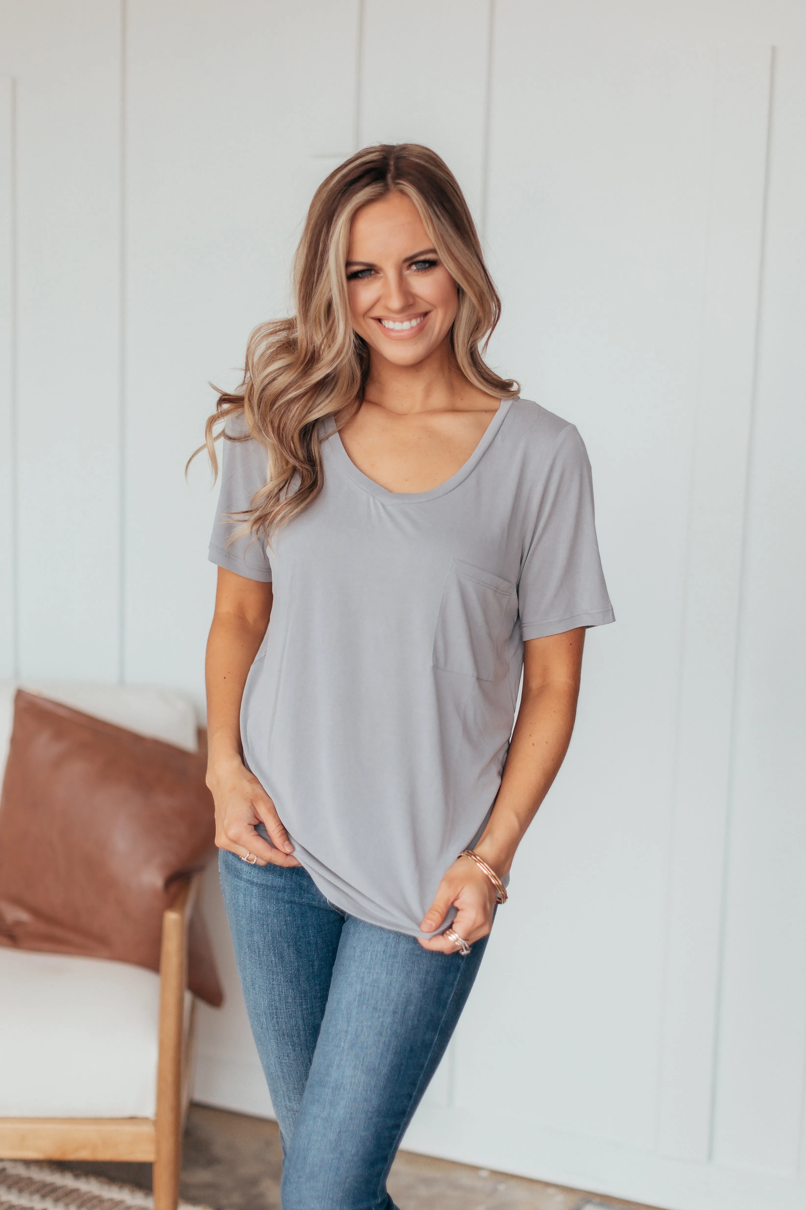 Basic V Neck Pocket Top - 7 Colors