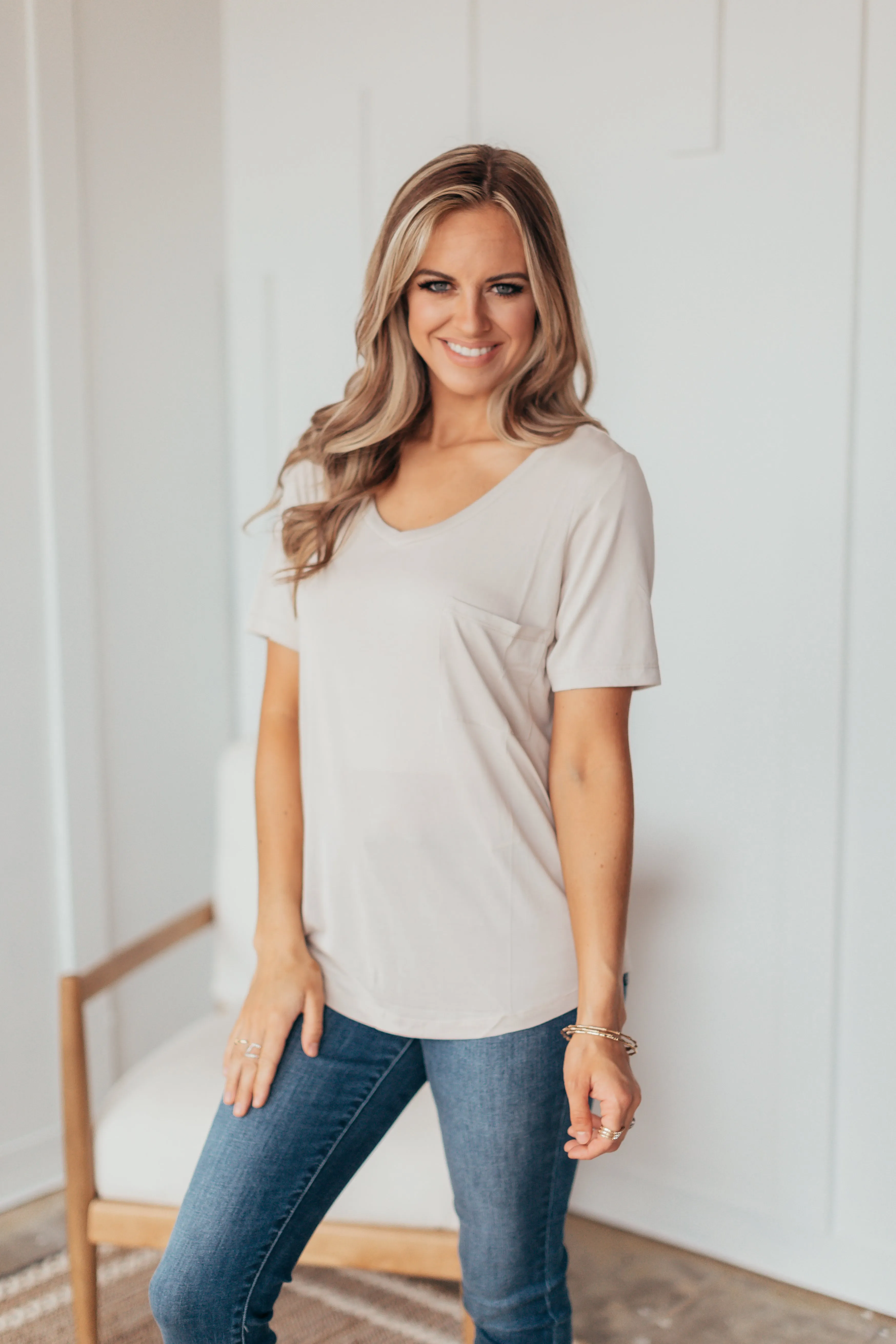 Basic V Neck Pocket Top - 7 Colors