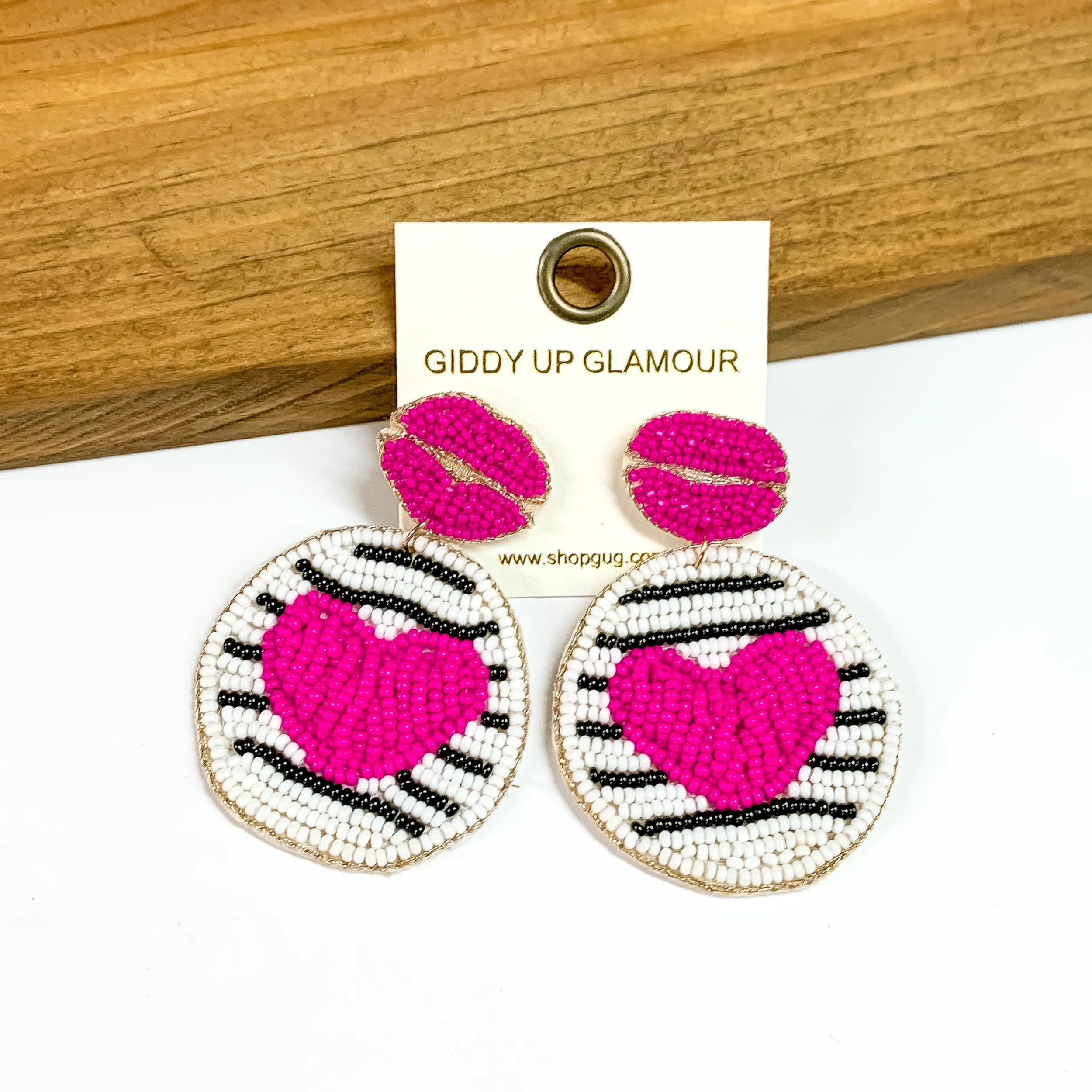 Beaded Lip Post Back Earrings with Circle Drop and Heart in Fuchsia Pink