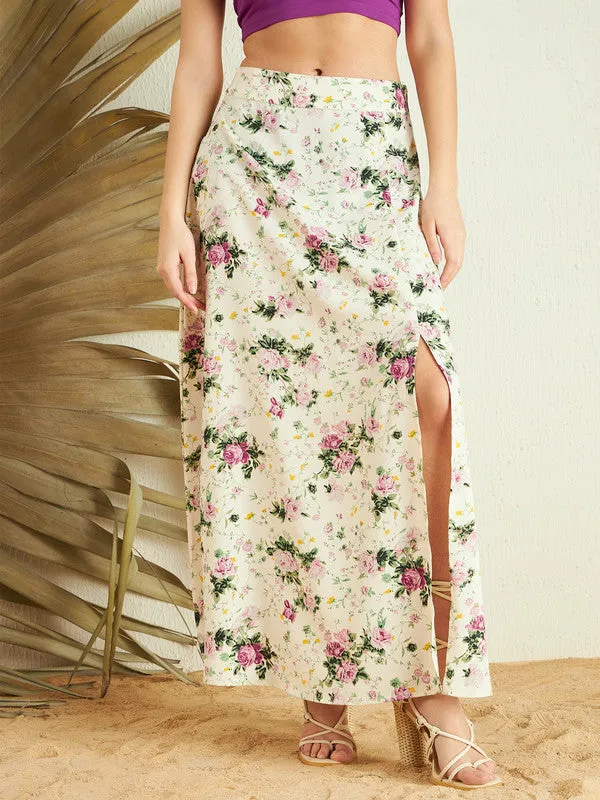 Berrylush Women Beige & Pink Floral Printed High-Rise Waist Zipper-Up Straight Hem Thigh-High Slit A-Line Maxi Skirt